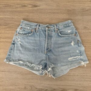 agolde light blue high waisted rise distressed ripped denim jeans shorts bottom